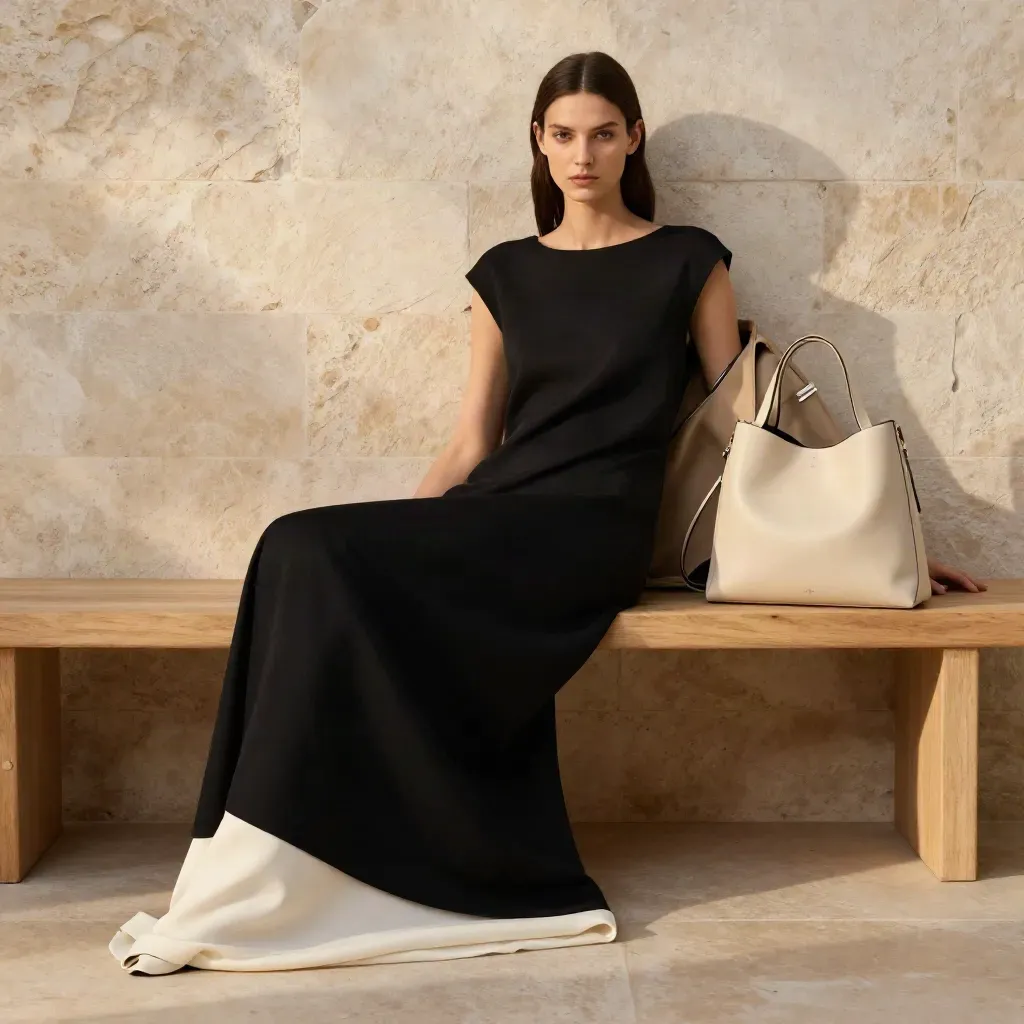 Vestido midi negro con chaqueta arena y bolso crudo sobre banco de madera junto a pared de piedra.