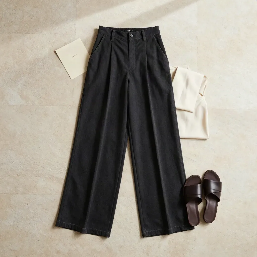 Pantalón negro wide leg con blusa cruda y sandalias oscuras, en flatlay elegante sobre piedra clara.