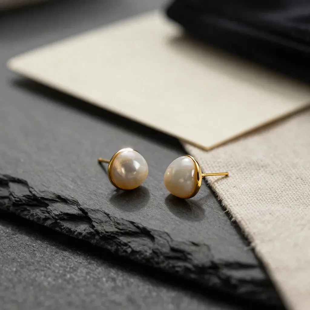 Pendientes dorados pequeños sobre piedra lisa y tela cruda, con luz suave.